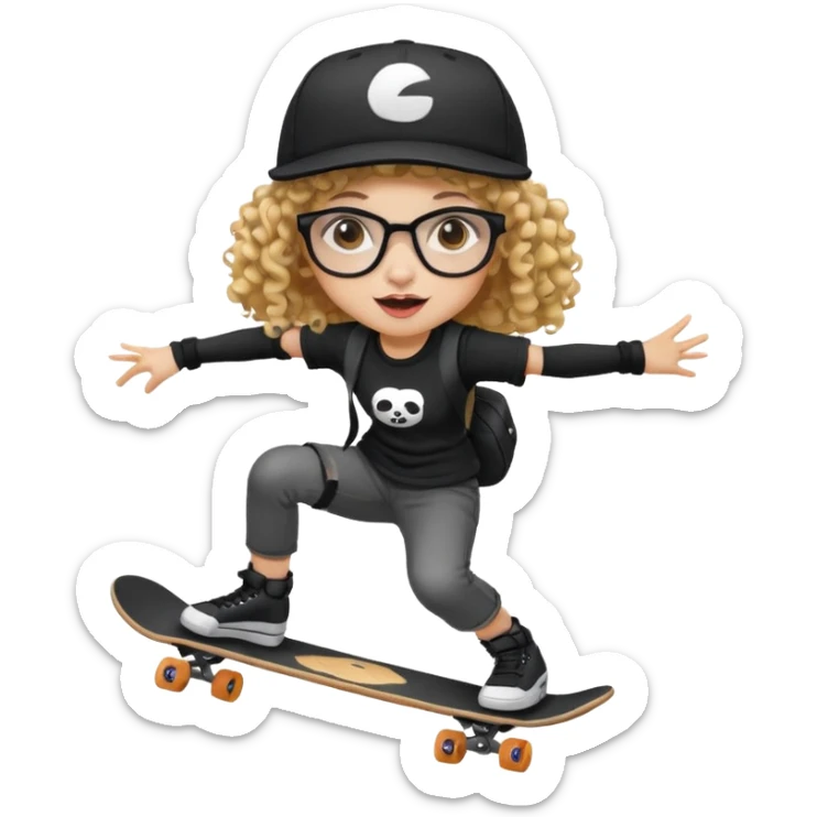 ["An excited girl with light skin, curly hair, wearing a baseball cap and square glasses, dressed in goth fashion, is skateboarding while holding a camera."] sticker