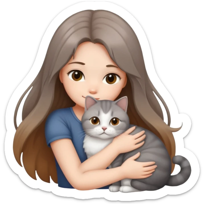 A long-haired girl hugs a British shorthair cat with a brown and white gradient sticker