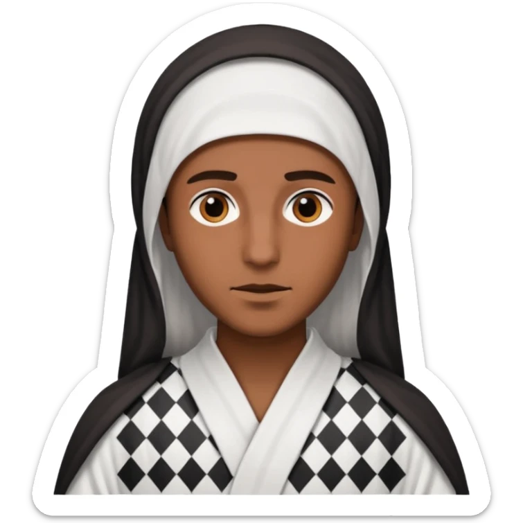 Una persona morena que solo se le vea la cara con una bata de arabe en la cara color blanco con cuadros negros sticker