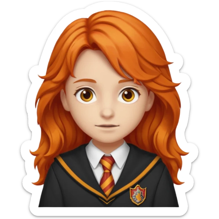A iphone emoji with long wavy fierce orange hair and hazel eyes, wearing Gryffindor school uniform sticker