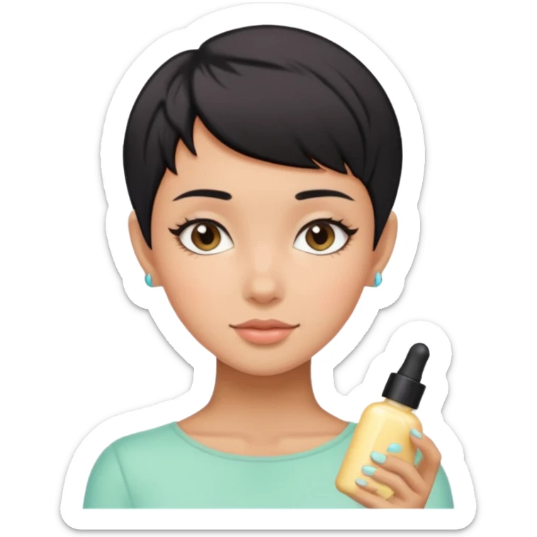 tan girl with black hair & a pixie cut no earrings doing cute pastel colors skin care sticker