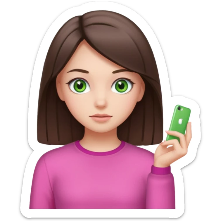 Create a girl with straight clear brunette hair and green eyes and pink clothes. Half body sticker