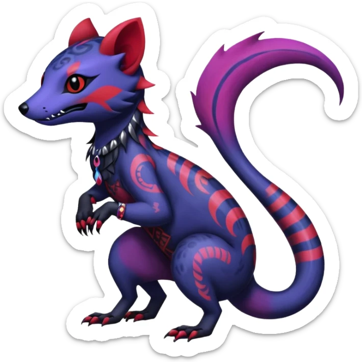 Rare warm-colored exotic gloomy tropical edgy cute epic aesthetic spooky indigo violet white black red gothic colorful Salandit-Noibat-Civet-species-Fakemon-hybrid-creature, with tribal tattoo markings, full body sticker