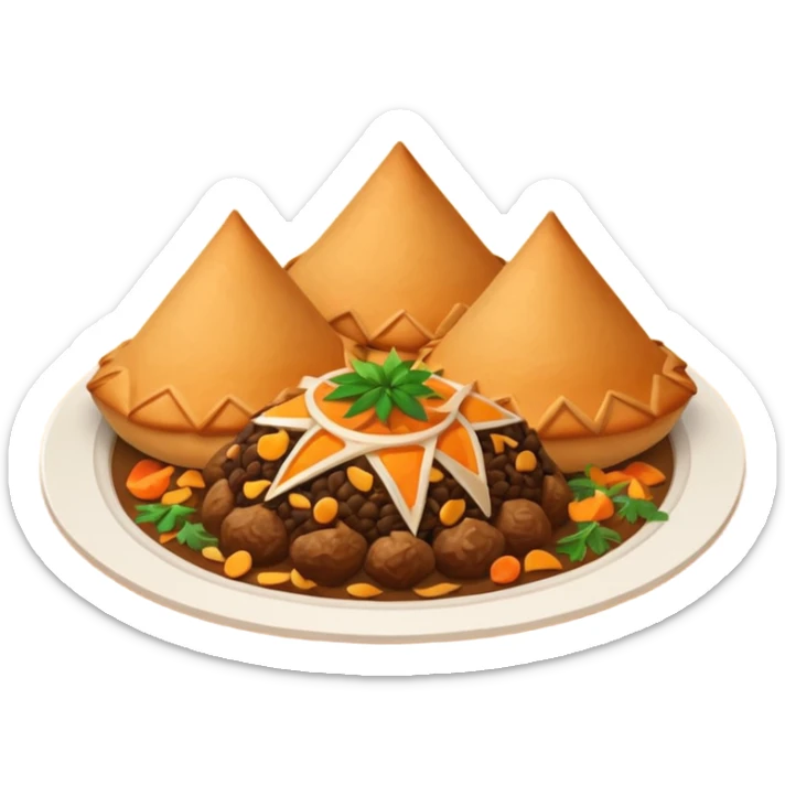 Uzbek cuisine humanless avatar in bright emoji-style illustration. Classic dishes like plov and samsa, warm golden and earthy tones, simple shapes, flat design, high contrast, friendly and appetizing. sticker