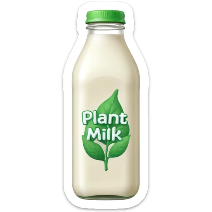 A 3D cartoon bottle of plant-based milk identical to dairy milk, small green tint or leaf mark, Memoji-style. sticker