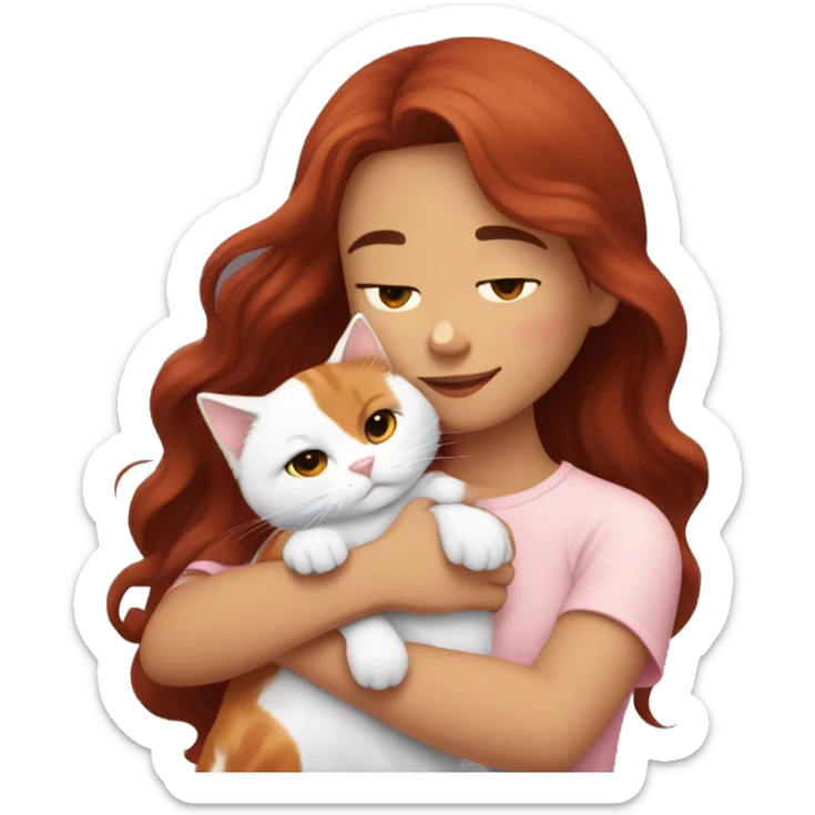 girl with long very dark red wavy hair and dark brown eyes and light pink outfit hugging a white & ginger cat  sticker