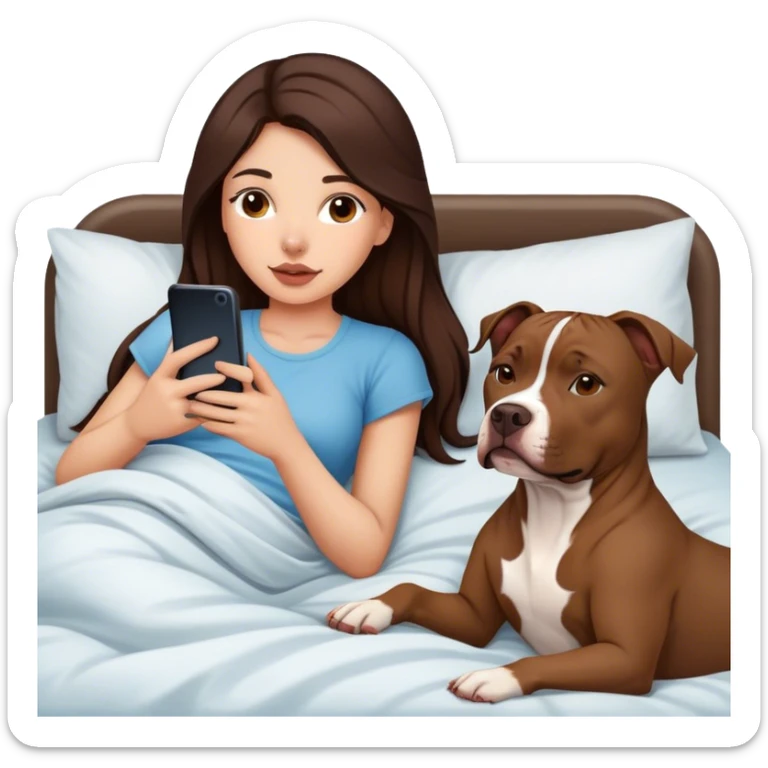 Girl long dark brown hair lays bed with her cell phone and her brown pit bull lays guarding her sticker