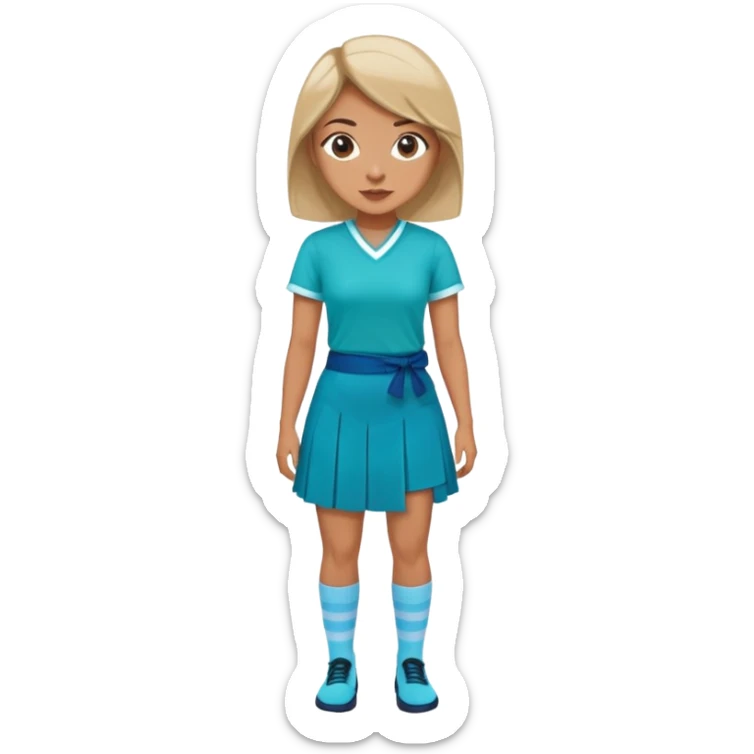 woman wearing teal wrap shirt, blue a-line skirt, light blue knee-high socks sticker