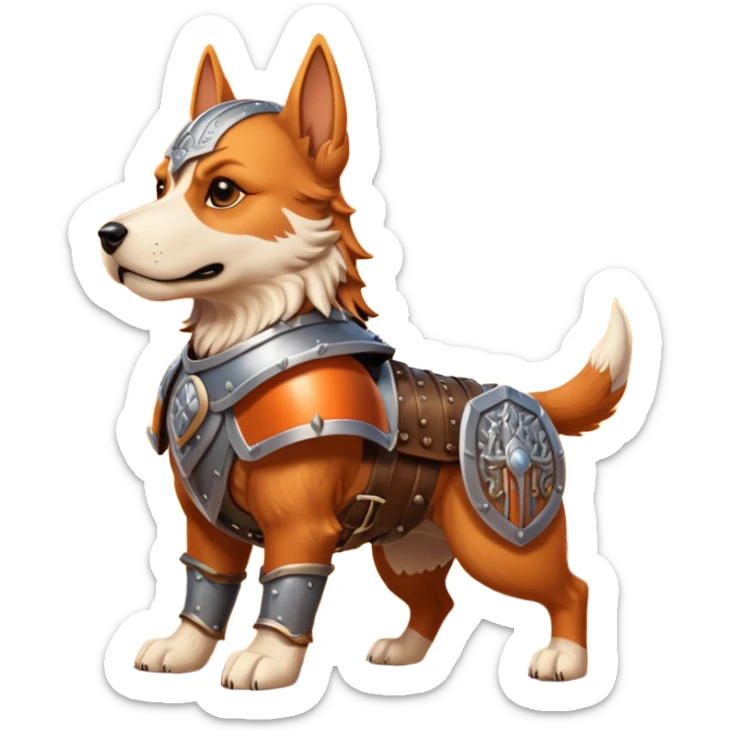 valorous Viking dog in Valhalla, detailed armor, heroic pose, glowing sky sticker