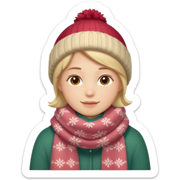 Fantasy human portrait emoji, warm winter scarf around neck, cozy holiday mood, slightly rosy cheeks, simple clean design, no hat, readable emoji style, male/female variant
 sticker
