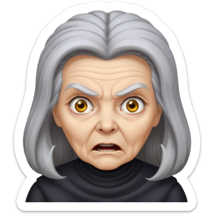 Angry old woman with long gray hair beehive style and scary eyes sticker