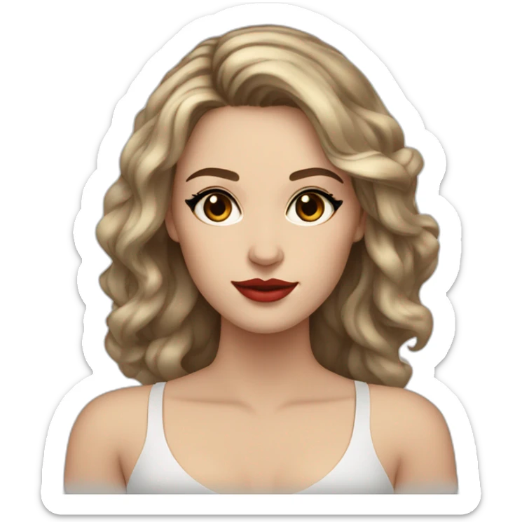 Beautiful young white woman with long brown waved hair brown eyes black eyelashes red lips sticker