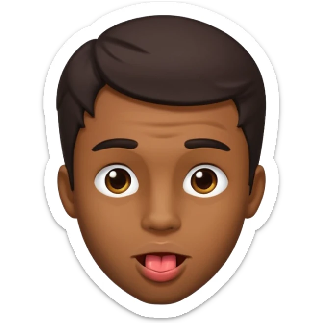 A brown skin guy with dark hair that is his covering forehead, his head is tilted back a bit and his tongue is out sticker
