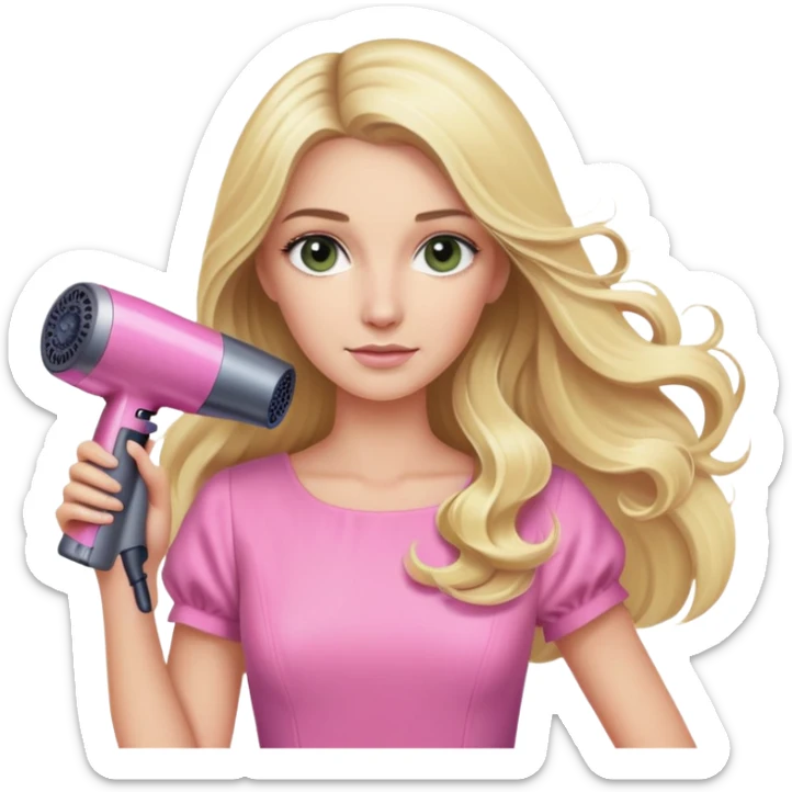 blonde with long hair, swamp eyes, pink dress, holding Dyson hair dryer sticker