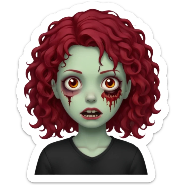 zombie girl with curly dark red hair with a side part and black shirt   sticker