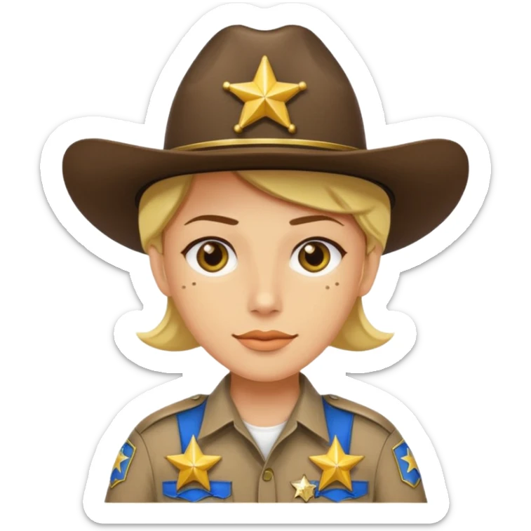 Generate me a yellow-skinned person from Apple's emoji, and make him wear a realistic sheriff's uniform from the United States, but please only add two stars to the uniform, one on the hat and the other on the shirt. sticker