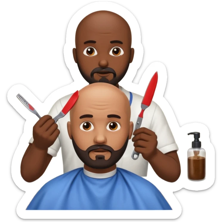 A bald man with a dark brown beard cutting someone’s hair at a barber shop and the other one is eating a poop sticker