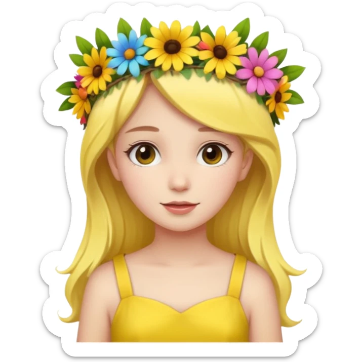 girl with flower crown in yellow dress and colored flowers sticker