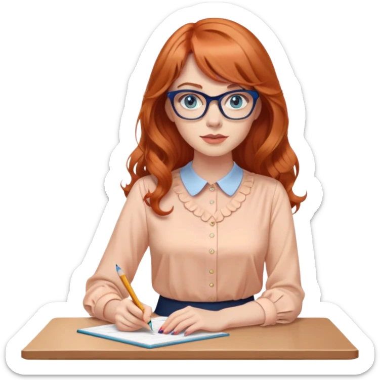 redheaded woman with long wavy hair and bangs, blue eyes, cat-eye glasses, pencil skirt, apricot blouse, holding a pencil sticker