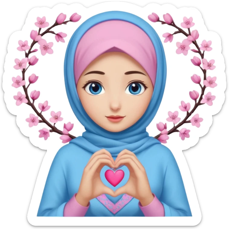 Turkish beautiful finish Konya girl blue eyes with mini cherry blossom hijab and lila blue pink dress and she make heart with hands sticker