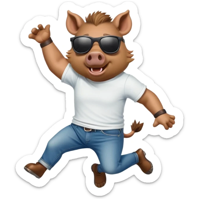 friendly anthropomorphised boar in jeans and a t-shirt, wearing dark sunglasses, jumping pose sticker