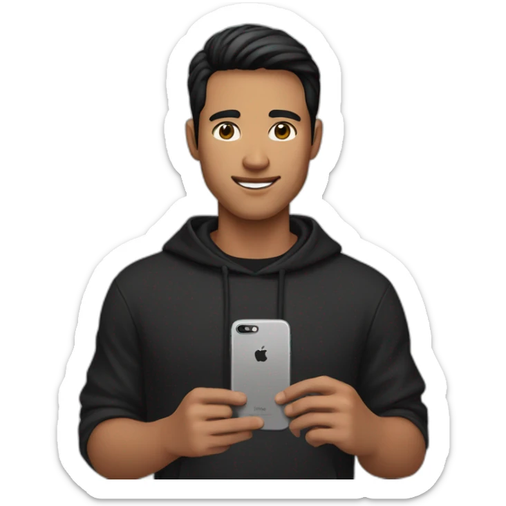 A man wearing a black hoodie, short black hair, and brown eyes, holding an iPhone 15 Pro in his hand sticker