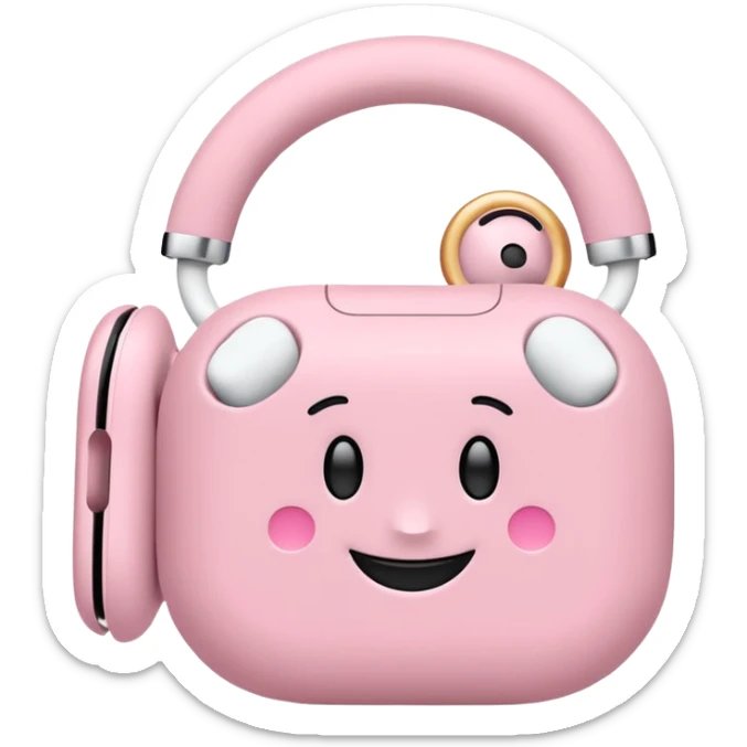 Create a pink happy circle emoji who listens to music on AirPods Max  sticker