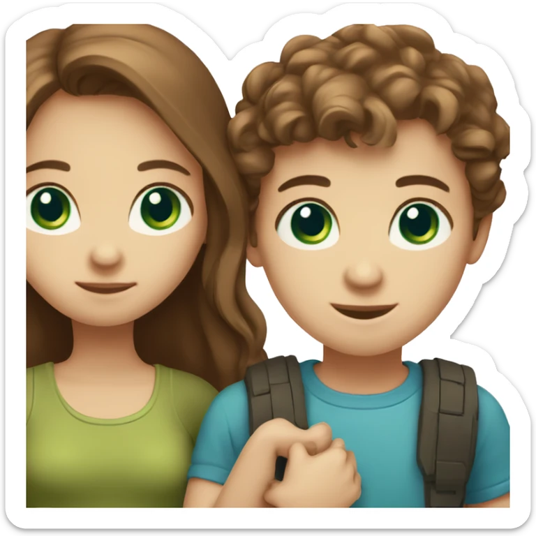 girl with brown hair and blue eyes holding hands with a boy with brown hair and green eyes  sticker