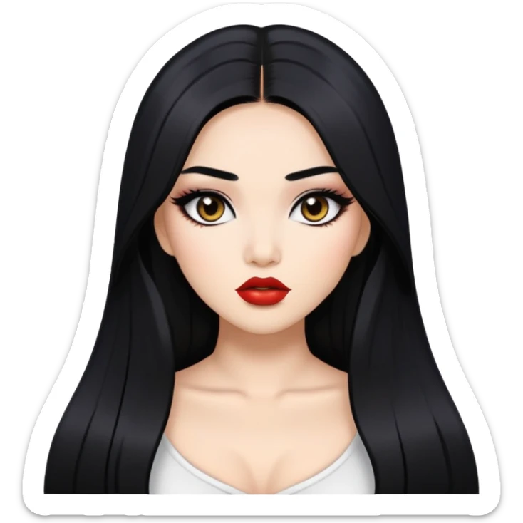 baddie with Asian and Latina features, long straight black hair, glamour makeup, white skin sticker