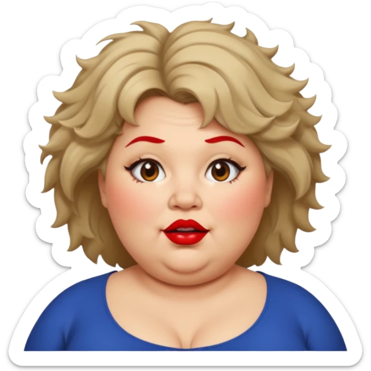 fat lady with double chin and messy hair remove the lipstick on chin and add red lipstick sticker