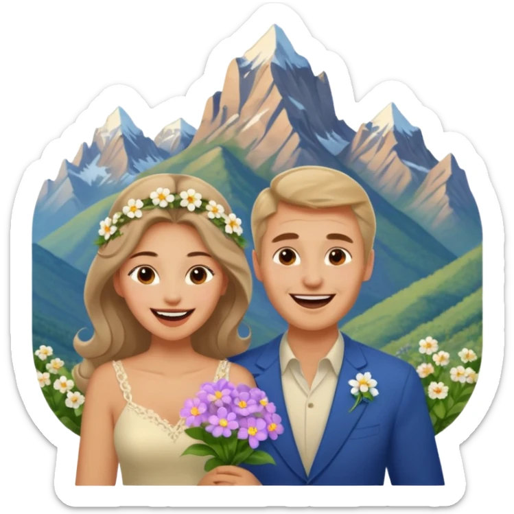 Couple  laughing traveling russian man and elegant  Latina girl delicate flowers and mountains in the background  sticker
