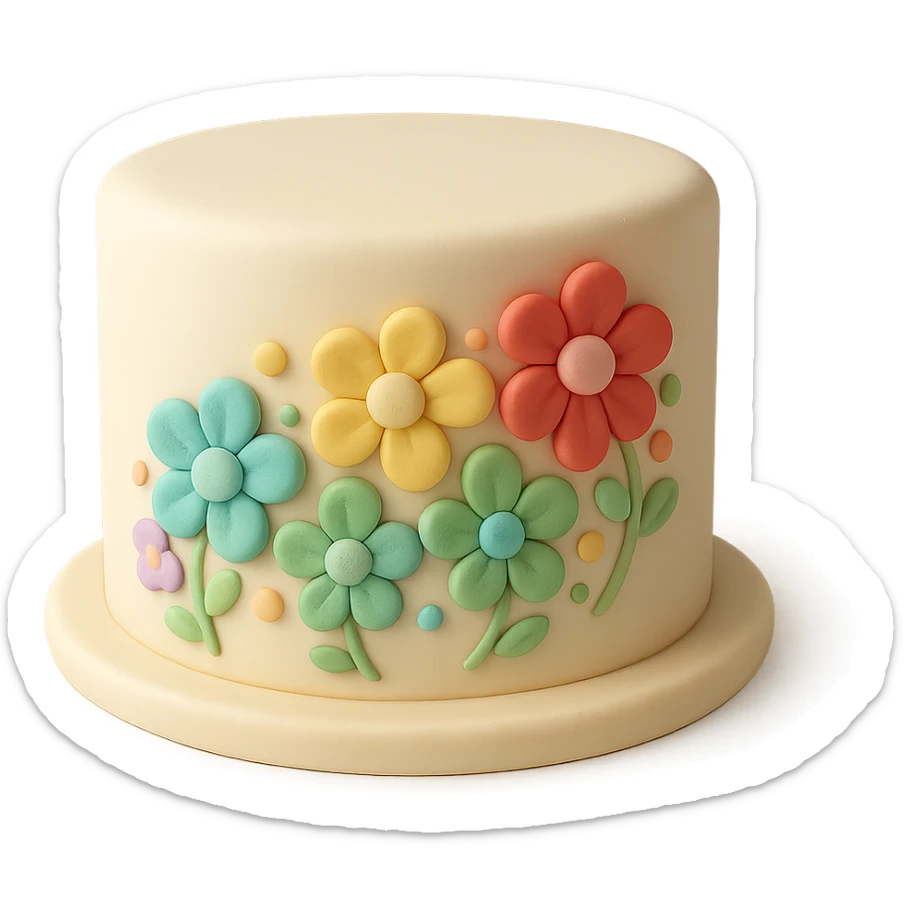 round fondant cake decorated with rainbow flowers sticker