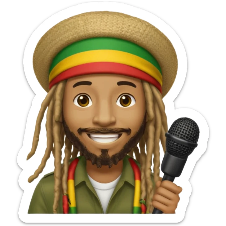 Emoji sticker of reggae artist Anthony B 🧔🏾‍♂️ with dreadlocks, Rasta hat 🟥🟨🟩, smiling and holding a mic 🎤. Text says 'Big Up Anthony B!' in bold reggae font 💥🔥✊🏾 sticker