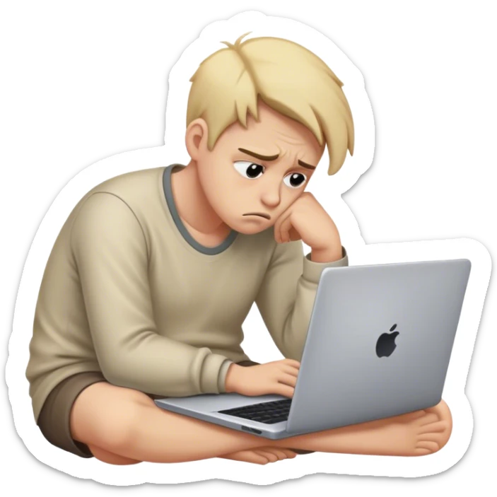 Create an emoji of a tired person sitting at a laptop, looking exhausted and frustrated. They have slouched posture, representing overwork and burnout. sticker