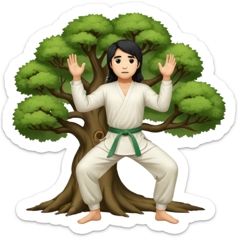 pratiquant de qi gong, homme aux cheveux long, en position de l'arbre, en tenue noire ou blanche. L'image ne contiendra pas d'arbre sticker