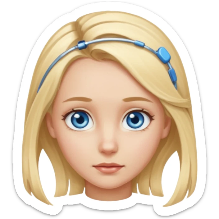 blonde girl, blue eyes with clips in hair and the forehead as big as megamind sticker