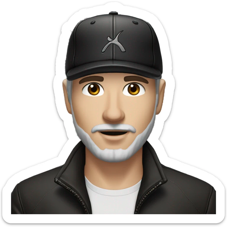 An adult white skin portrait of male with stubble and a slightly gray beard, brown hair, black eyes, wearing a black Reebok cap with a round emblem on his head, and a black leather jacket. sticker