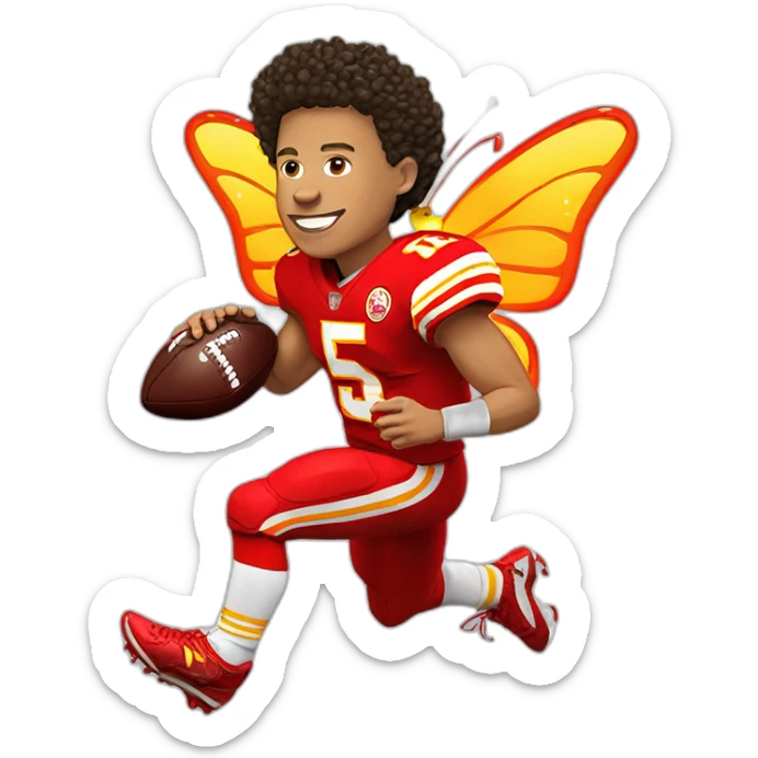 Mahomes with butterfly wings in his back running with a football in his hands sticker