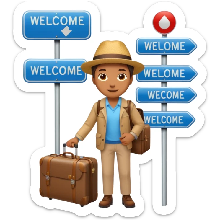 a traveler with a suitcase beside a city welcome sign, friendly and vibrant emoji style sticker