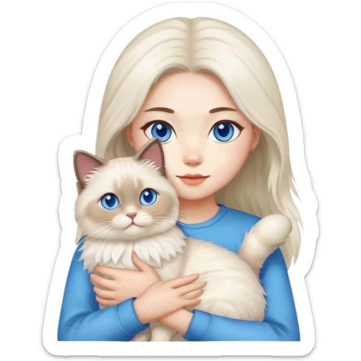 Asian girl holding a fluffy ragdoll cat with blue eyes and colorpoint fur sticker