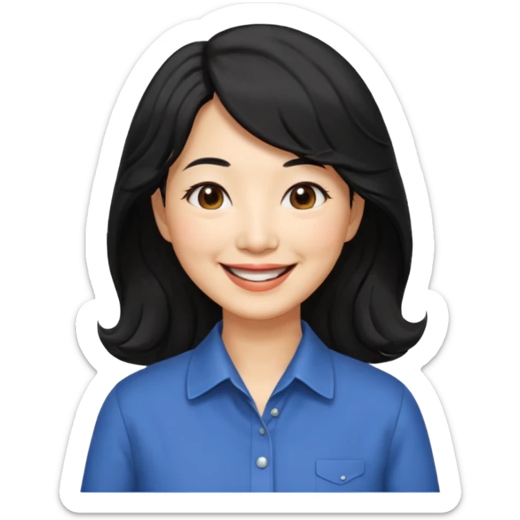 60 yr old asian woman, wavy thick black hair past shoulder length, side part, side swept bang, big smile, collared shirt, long hair sticker