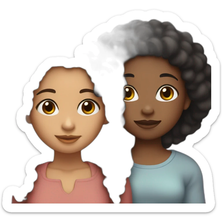 SISTERS!:subject 1 is Latina with long black hair hazel eyes, subject 2 is a pretty ebony woman with almond eyes and afro puffs, the couple is hugging sticker