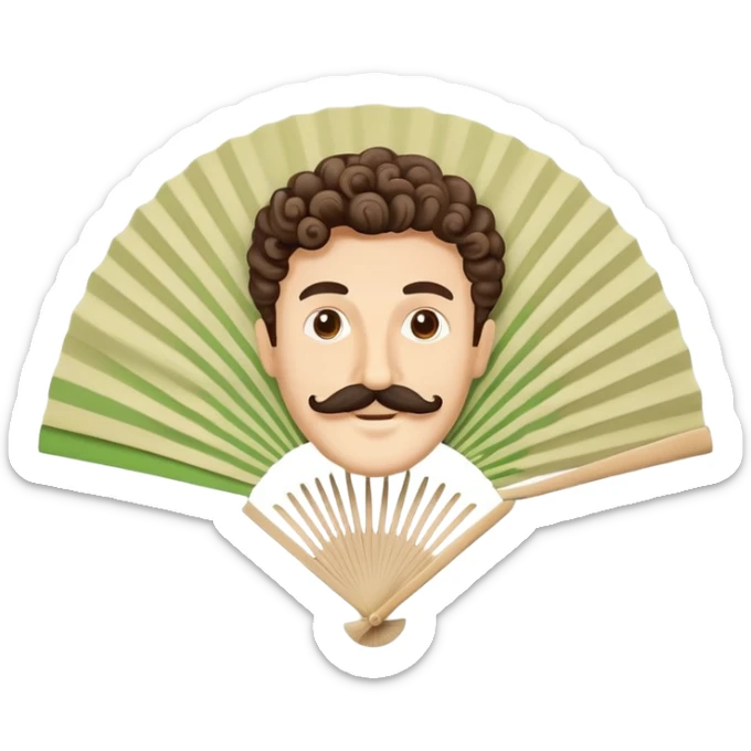 Paper hand fan with Italian man face with curly mustache printed on the fan surface sticker