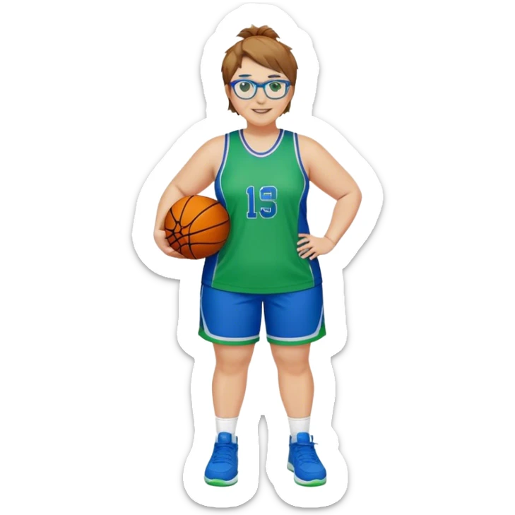 Full Body plus size white female basketball player with short light brown hair with carm highlights spike hair wearing blue glasses  wearing blue green uniform  green sneakers smiling l sticker
