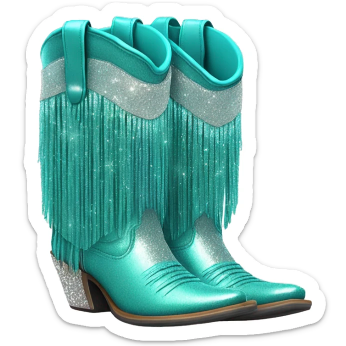 Realistic turquoise fashion cowgirl boots with sparkly shiny glitter fringe on them. sticker