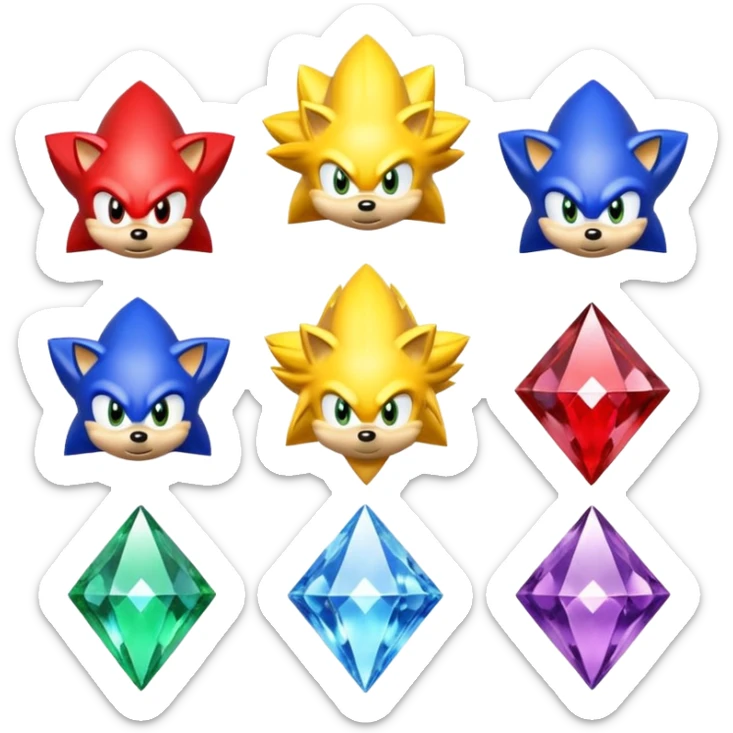 I want Sonic the hedgehog with the 7 chaos emeralds and the Goku aura transformation, where is the super Sonic aura Is a power 7 diamonds, red, blue, yellow, green, white, skyblue and purple, and Sonic changed color into yellow with the seven diamonds or chaos emeralds, and the spine is up sticker