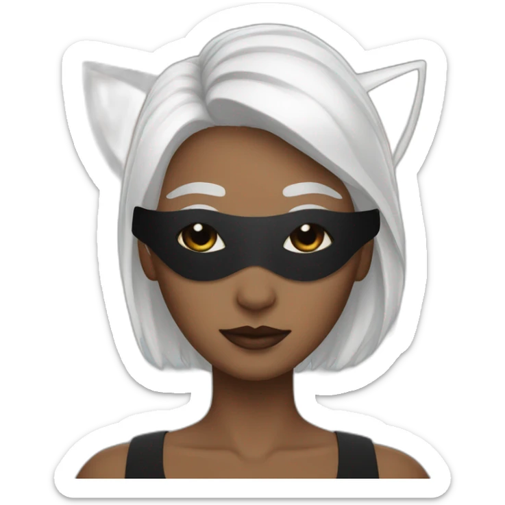 A woman with white hair and cat ears and a black mask around her eyes has white skin  sticker