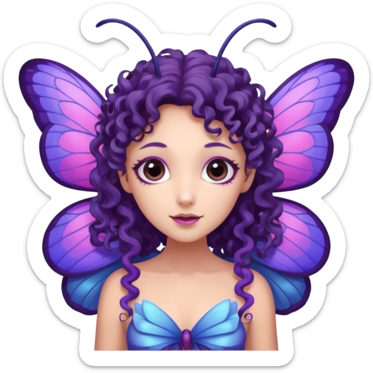 moth fairy with dark curly hair, light purple skin, and moth wings of blue purple and pink. she has moth antenna sticker