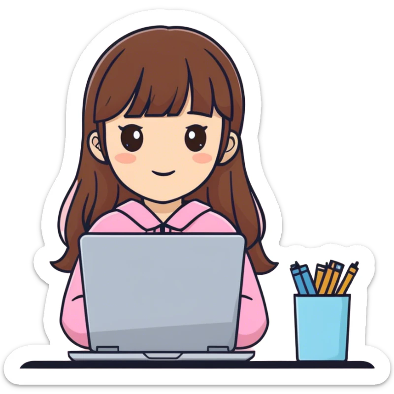 A fair-skinned girl with long brown hair and bangs, brown eyes, wearing pink clothing, and holding a laptop. sticker