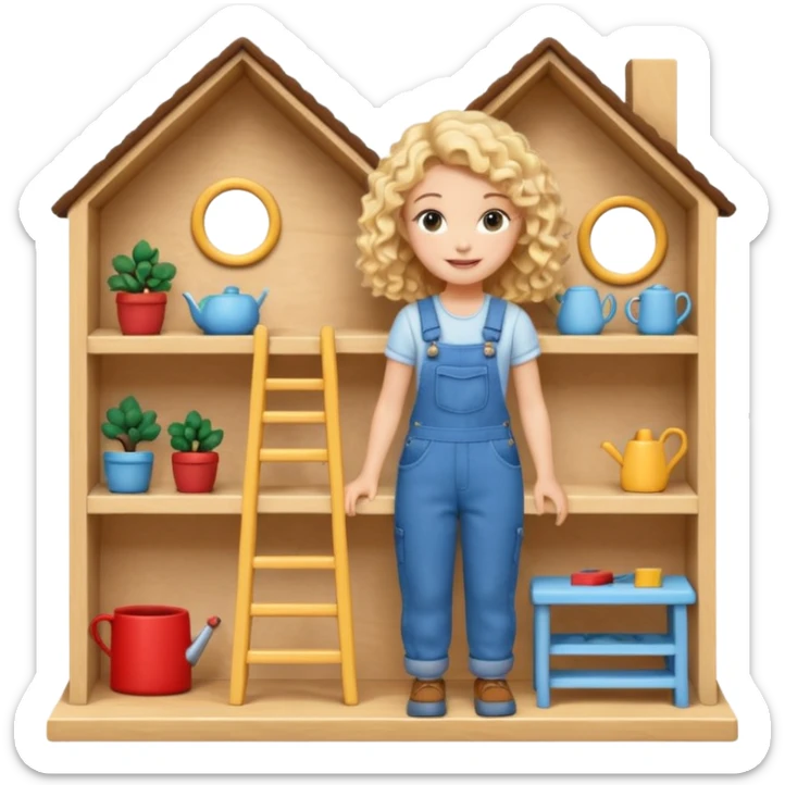 smiling blonde curly girl arranging furniture in doll house with overalls sticker